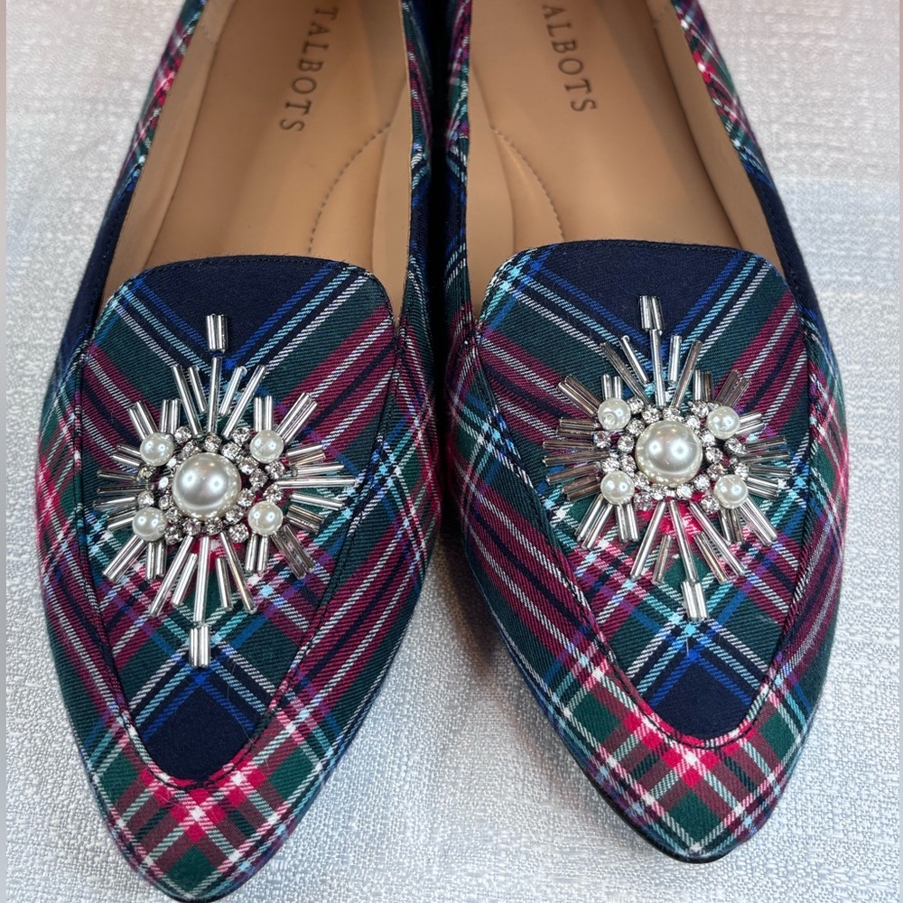 Talbots NWOT Plaid Flats with Silver and Pearl Embellishments W 7.5 - Picture 8 of 8